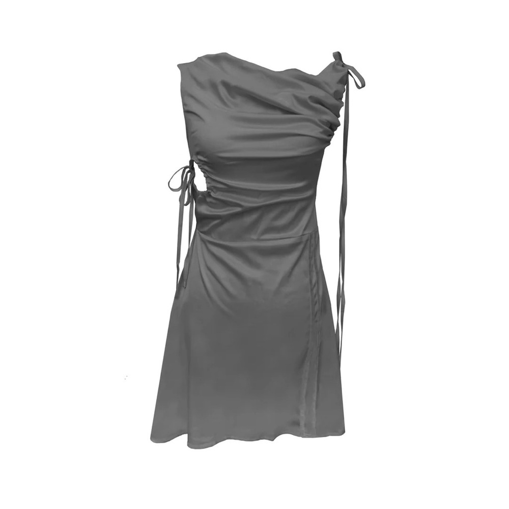 NWT ZEMETA Cowl Neck Satin Mini Dress in Charcoal Silver Metallic Bows Side Tie